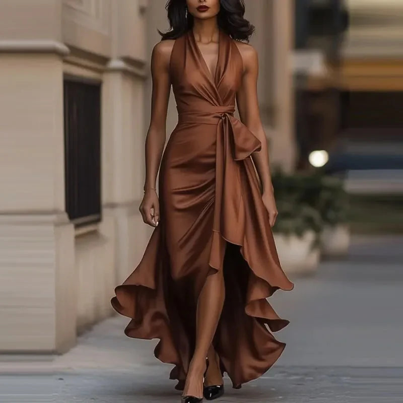 Draped Halter Midi Dress – Elegant Ruched Waist Wrap Dress with Asymmetrical Ruffle Hem for Weddings, Cocktail Parties & Evening Events