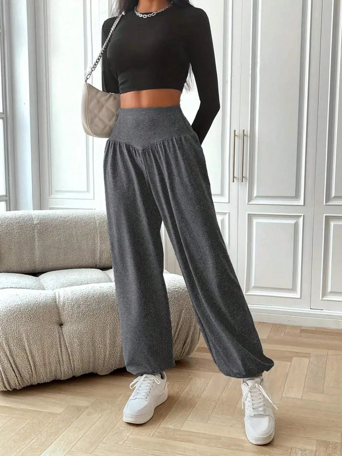 High Waisted Wide Leg Lounge Pants Relaxed Fit Flowing Trousers Elastic Waist Casual Streetwear Jogger Bottoms