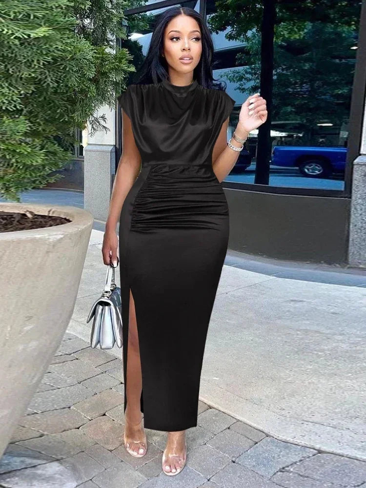 Ruched Midi Dress – Draped Cowl Neck Bodycon Dress with Short Sleeves and Side Slit for Cocktail Parties, Date Nights & Evening Events