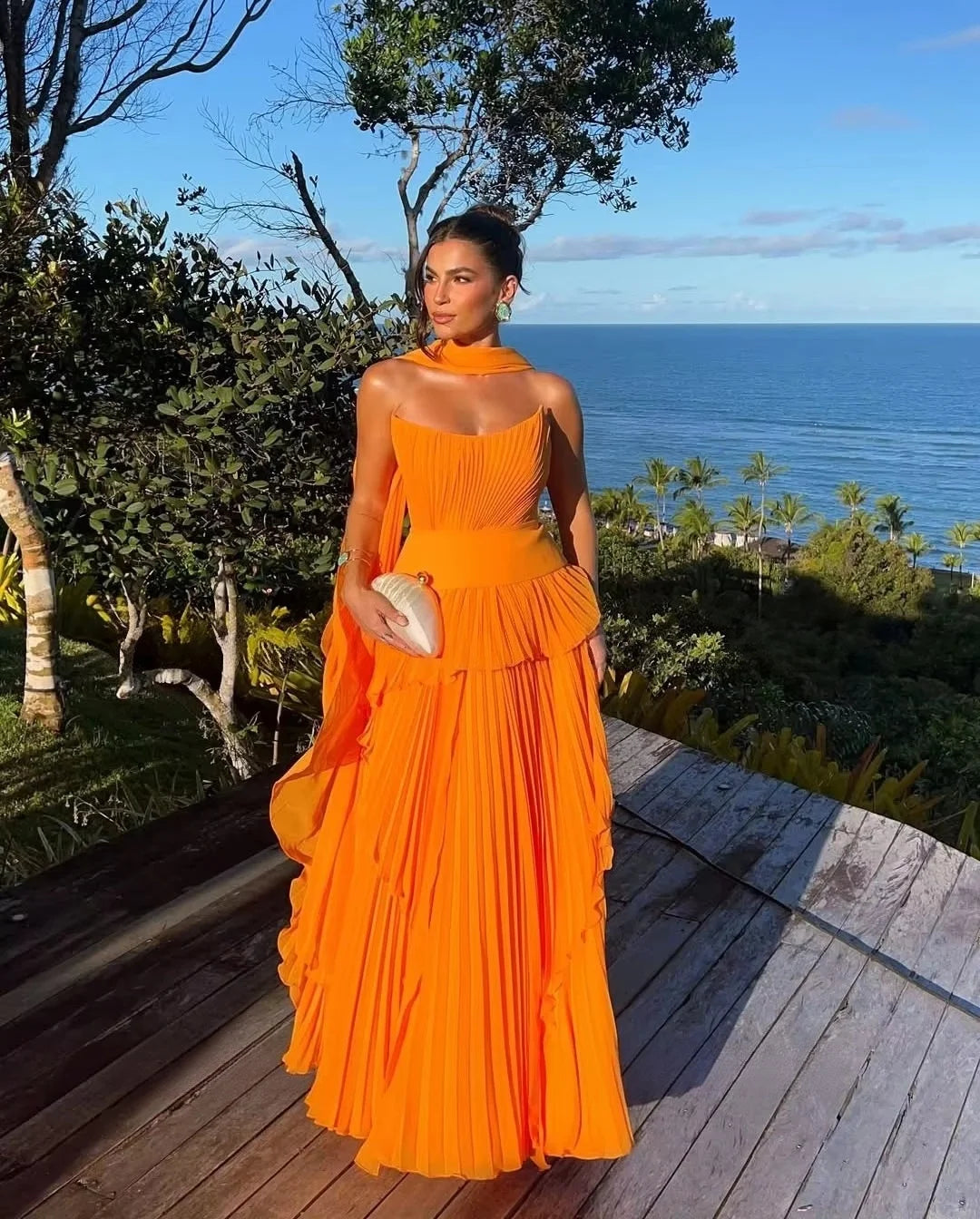 Pleated Maxi Evening Dress – Sleeveless Gown with Draped Neck Scarf, Structured Bodice, Tiered Ruffle Skirt and Elegant Flowing Silhouette
