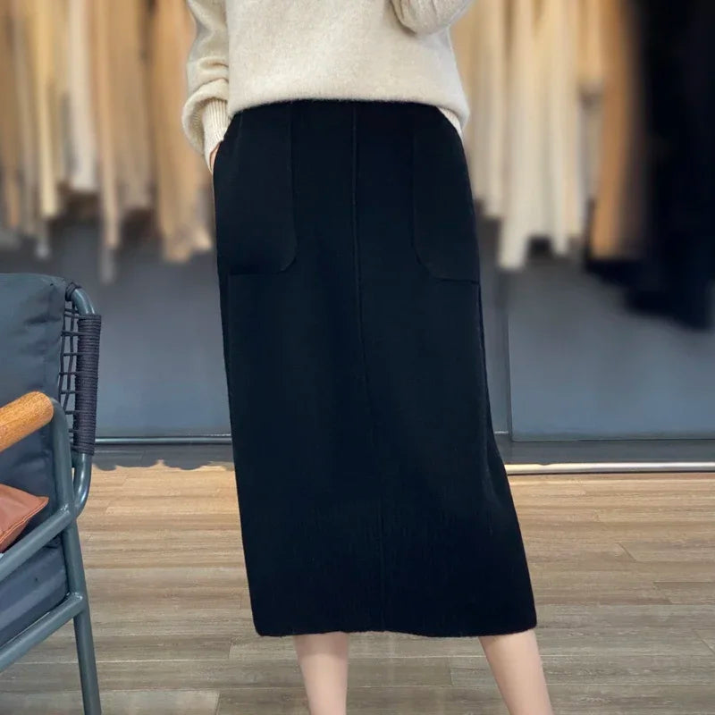 High Waisted Knit Midi Skirt Ribbed Pencil Skirt Straight Fit Long Skirt Front Pocket Detail Casual Office Workwear