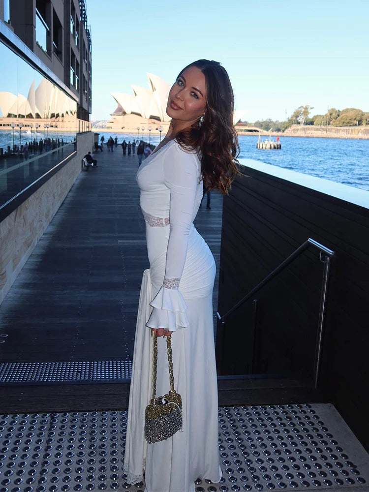 Lace Trim Maxi Dress – Long Sleeve Bodycon Gown with Deep V Neck, Asymmetrical Lace Panels, Flared Cuffs and Draped Train