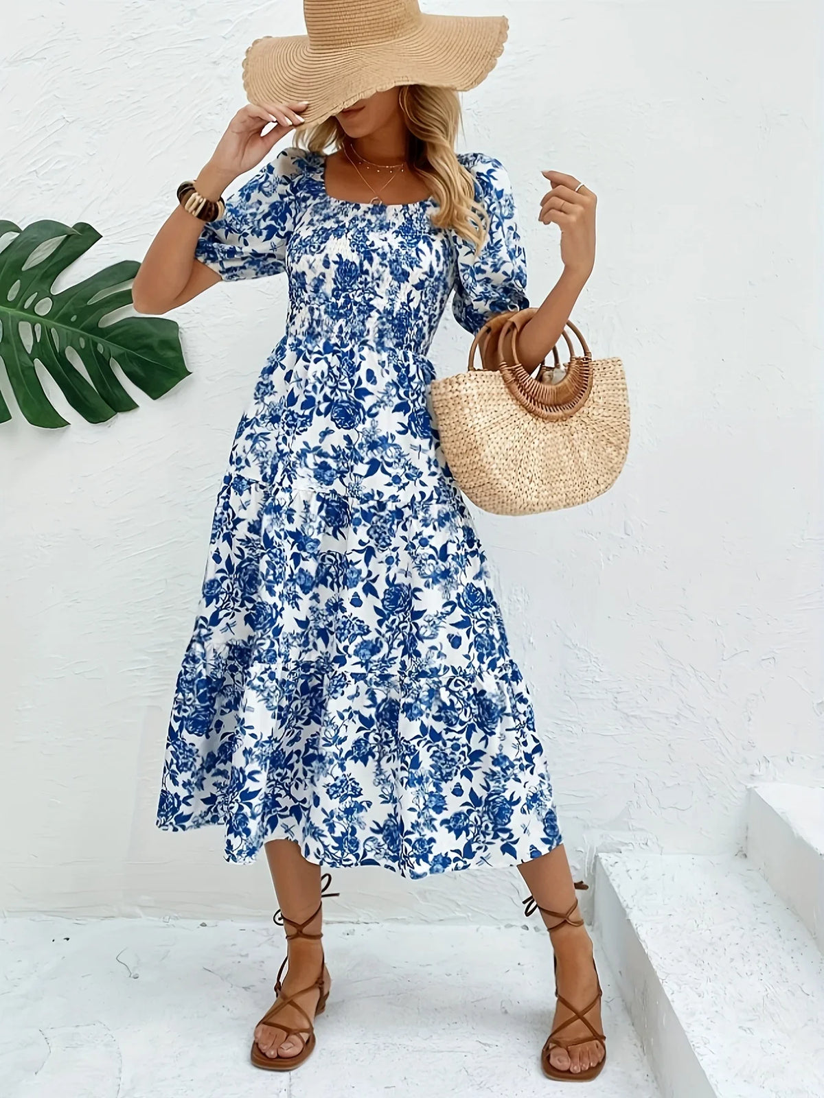 Floral Midi Dress – Off Shoulder Short Sleeve Dress with Fitted Bodice, Defined Waist and Flared Skirt for Vacations, Brunch & Summer Events