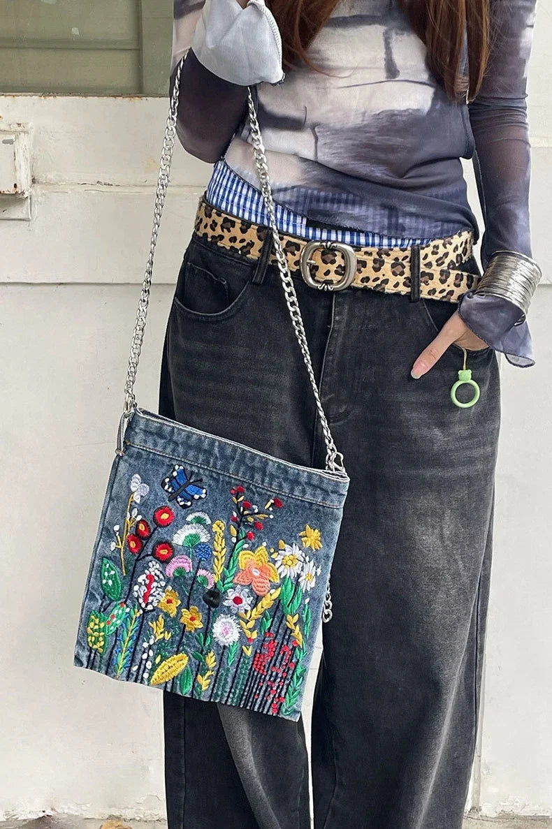 Embroidered Denim Crossbody Bag, Colorful Floral Shoulder Purse with Chain Strap, Artistic Boho Mini Handbag for Travel, Festivals & Everyday Use