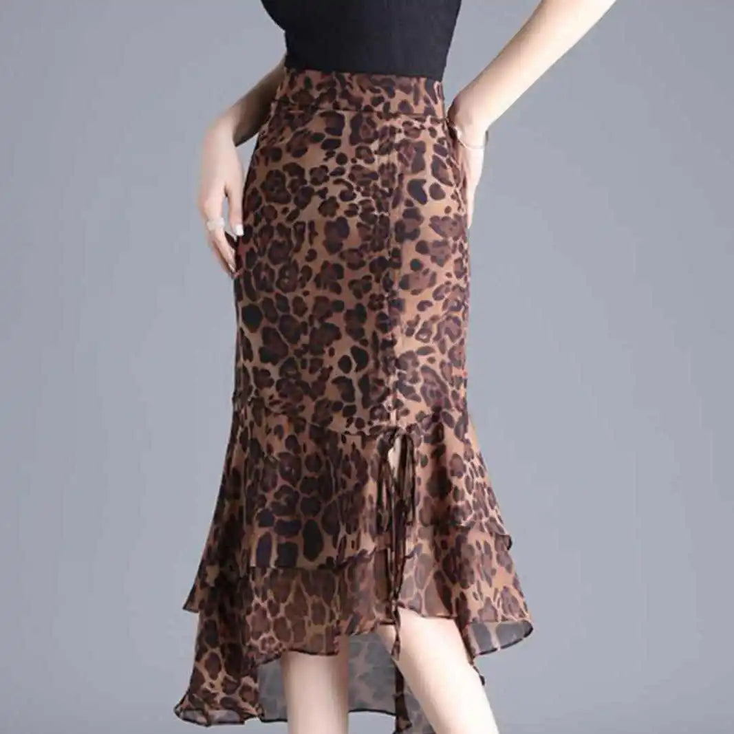 High Waisted Animal Print Midi Skirt Asymmetrical Ruffle Hem Flared Skirt Leopard Print Party Date Night Vacation Wear