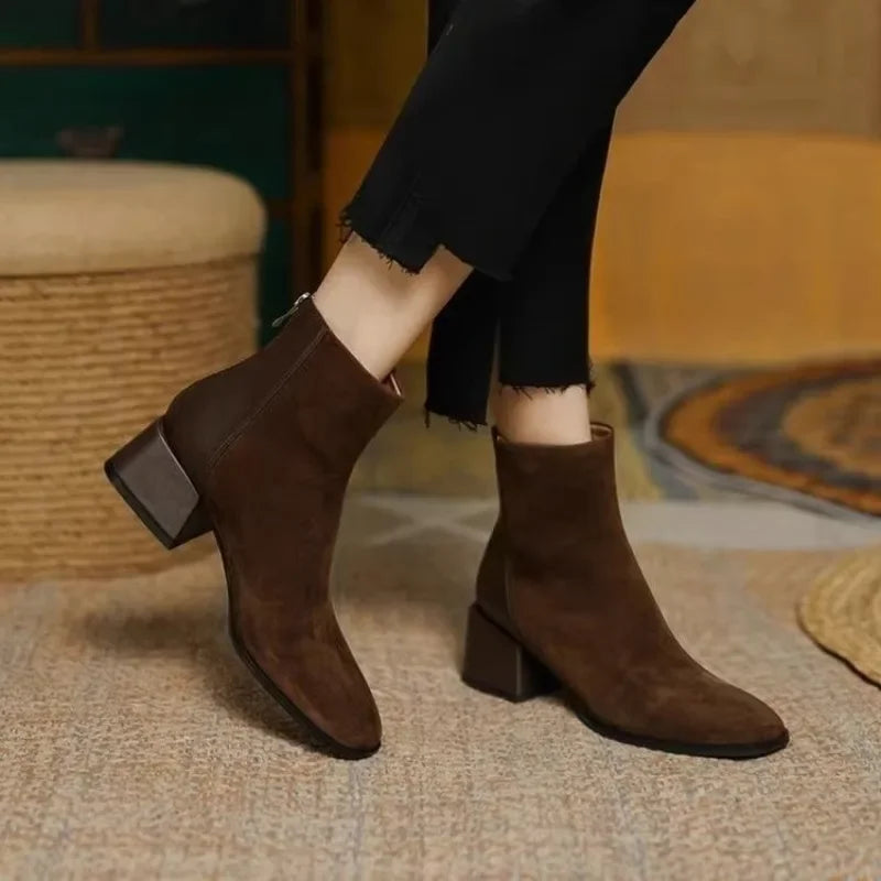 Pointed Toe Chelsea Ankle Boots | Low Block Heel Booties | Minimalist Slip-On Dress Shoes