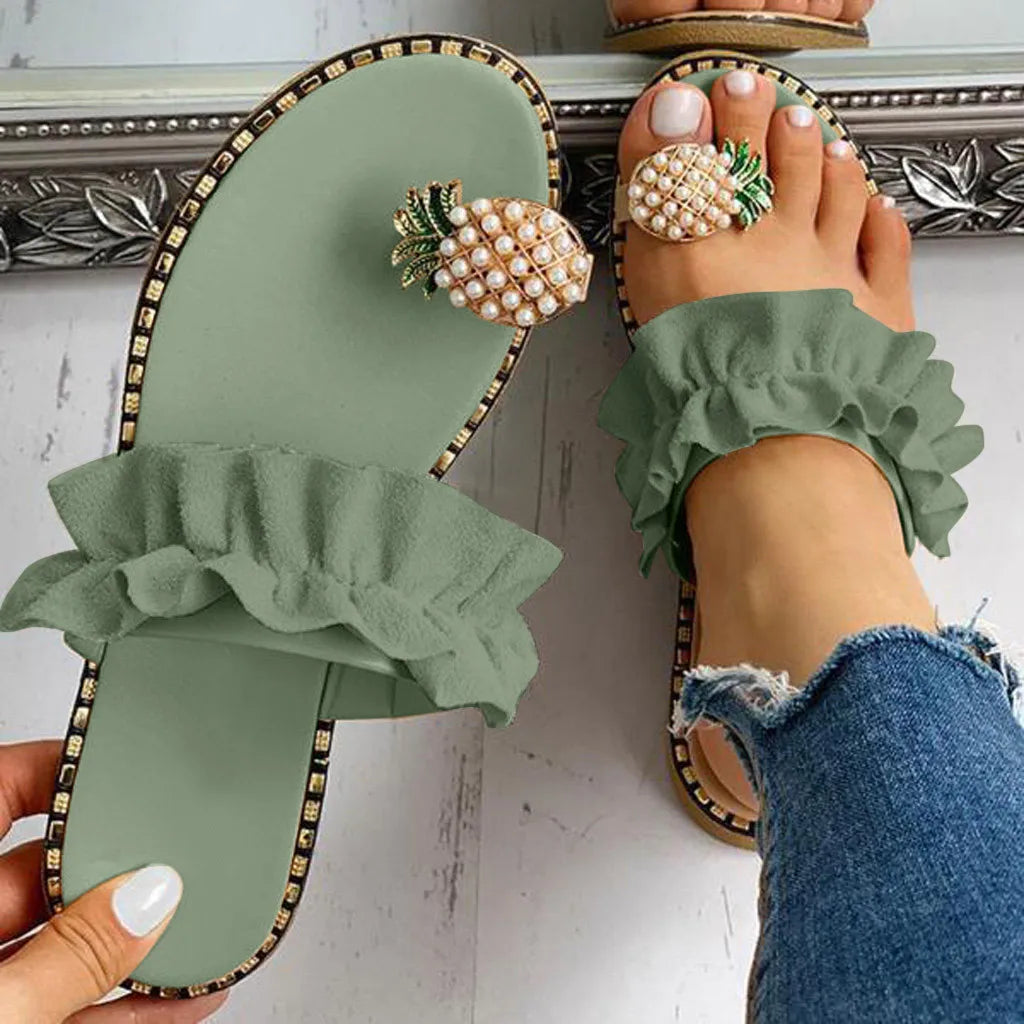 Ruffle Slide Sandals | Pearl Embellished Flat Mules | Floral Charm Summer Vacation Shoes