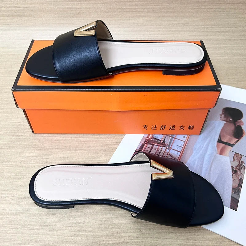 V Buckle Slide Sandals | Minimalist Open Toe Mules | Elegant Flat Summer Casual Shoes