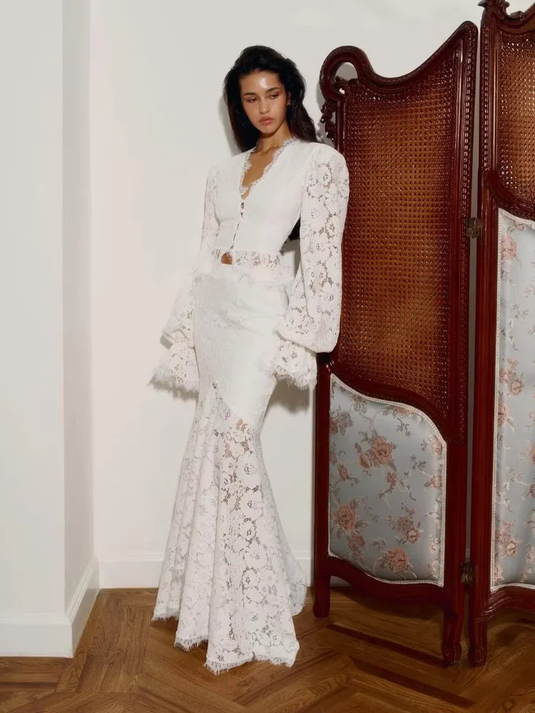 Lace Detail Long Sleeve Top & Flared Maxi Skirt Co-Ord Set | Elegant Two Piece Outfit | Romantic Wedding & Occasion Wear