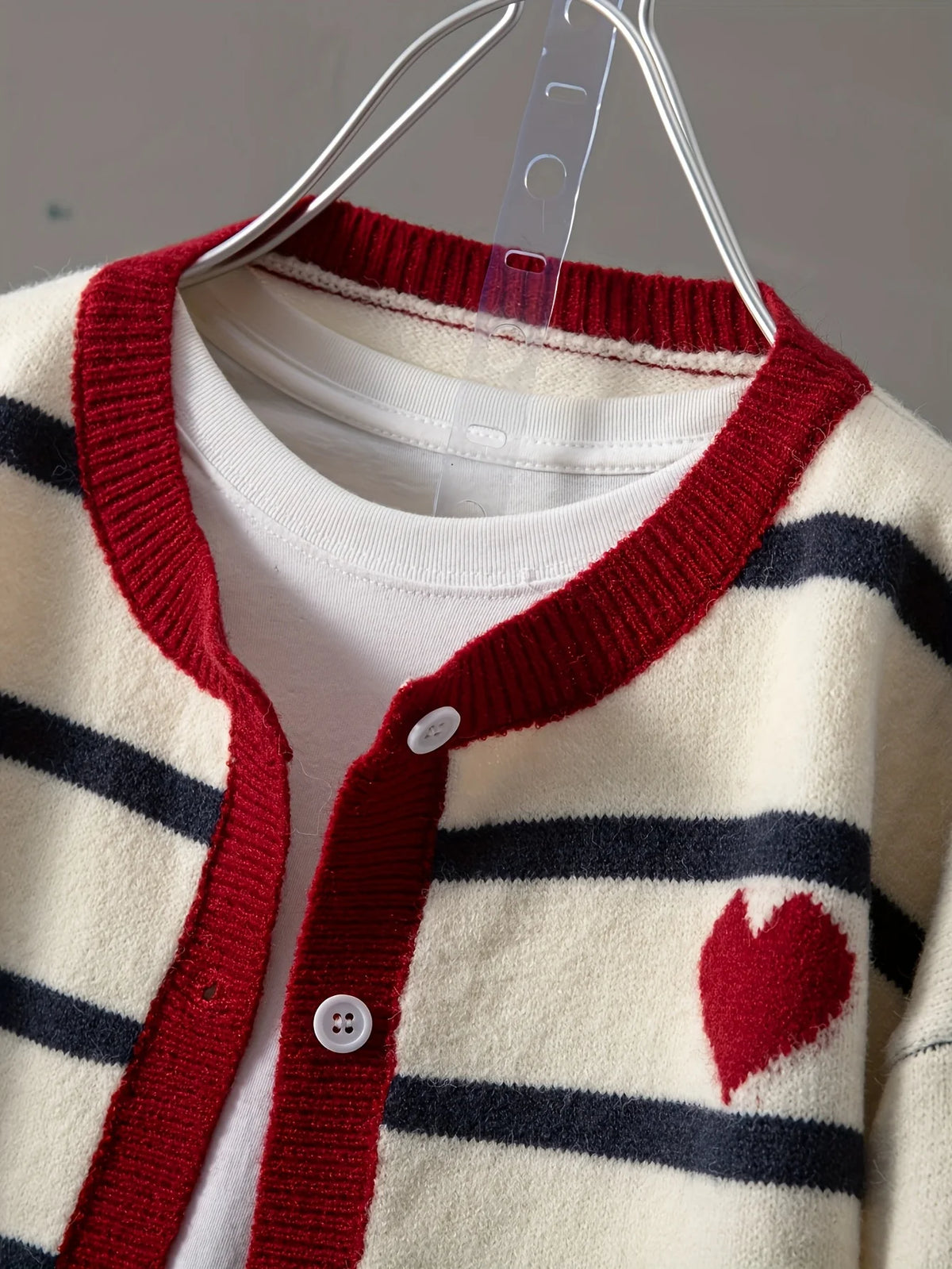 Striped Knit Cardigan, Button Front Sweater with Contrast Trim and Heart Detail, Preppy Casual Layering Top for Fall Winter