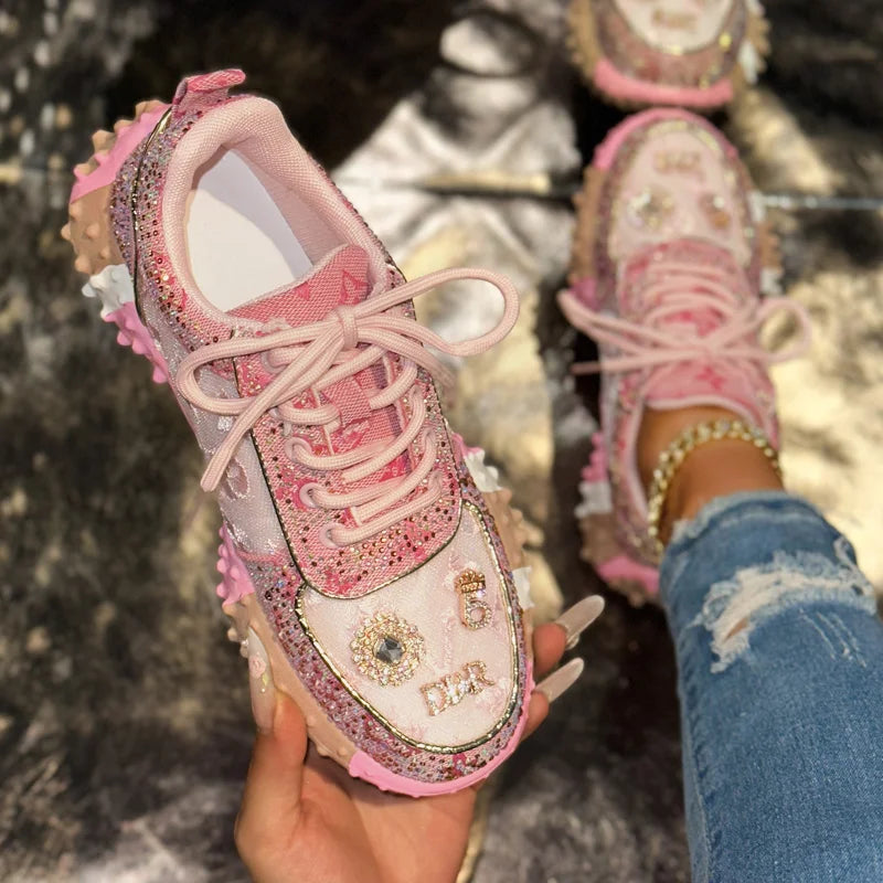 Embroidered orthopaedic Lace-Up Sneakers | Studded Casual Platform Shoes | Vintage Distressed Walking Sneakers