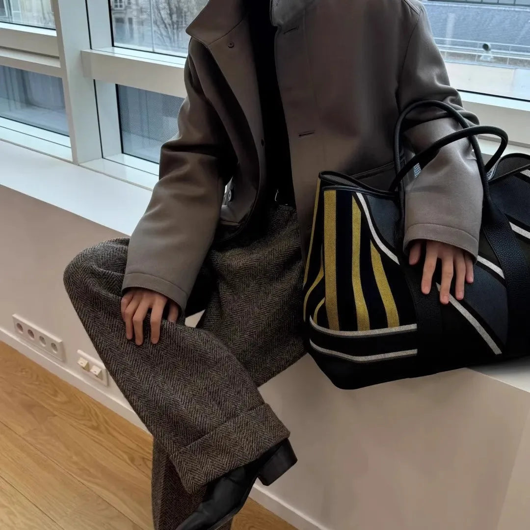 Large Striped Tote Bag, Color Block Shoulder Handbag, Spacious Casual Travel Purse with Long Handles for Work, Shopping & Everyday Use