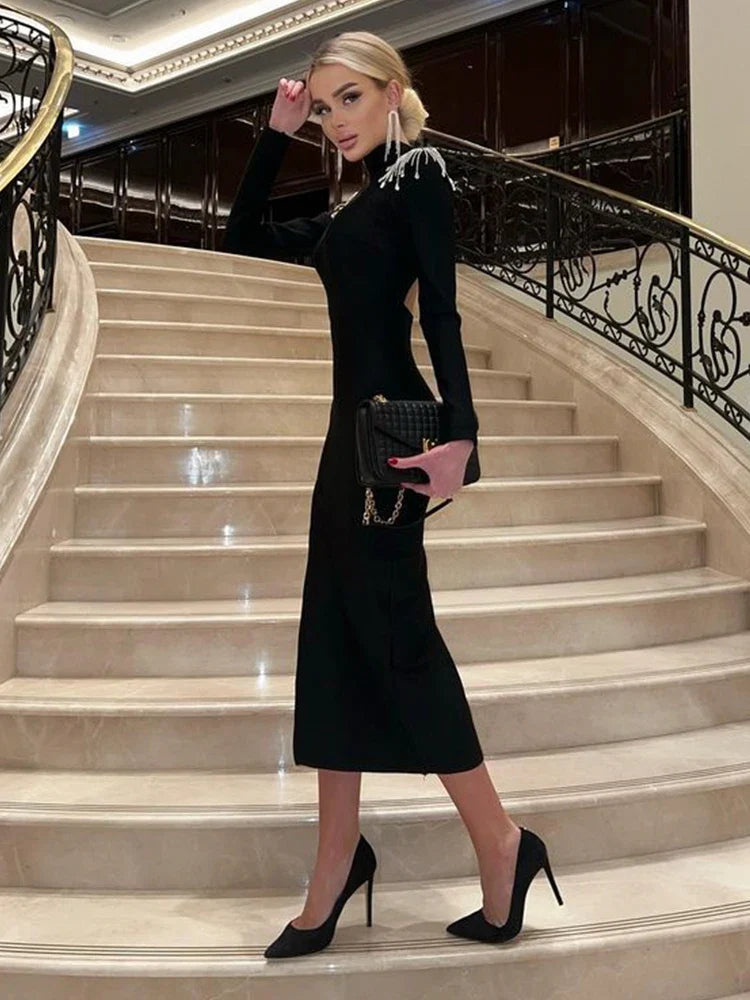 Embellished Maxi Dress – Long Sleeve High Neck Bodycon Dress with Crystal Shoulder Detail and Side Slit for Formal Events & Evening Parties