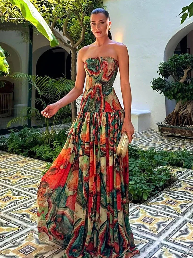 Bohemian Maxi Dress – Strapless Corset Dress with Fitted Bodice, Defined Waist and Flowing Tiered Skirt for Vacations & Summer Events