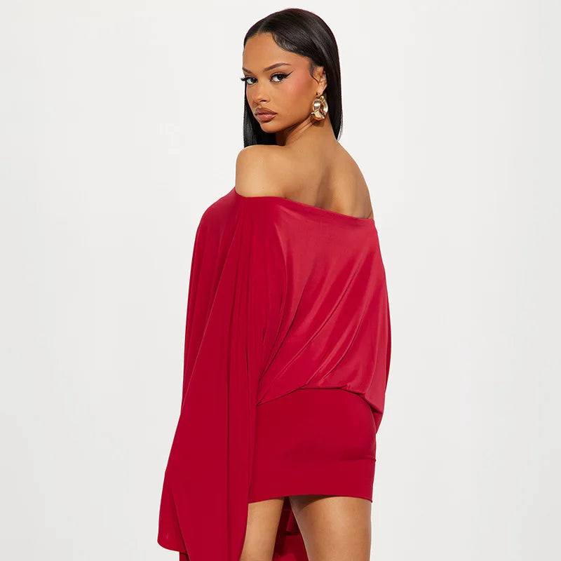 Draped Mini Dress – Off Shoulder Long Sleeve Dress with Batwing Sleeves, Relaxed Top, Fitted Skirt and Asymmetrical Drape for Parties