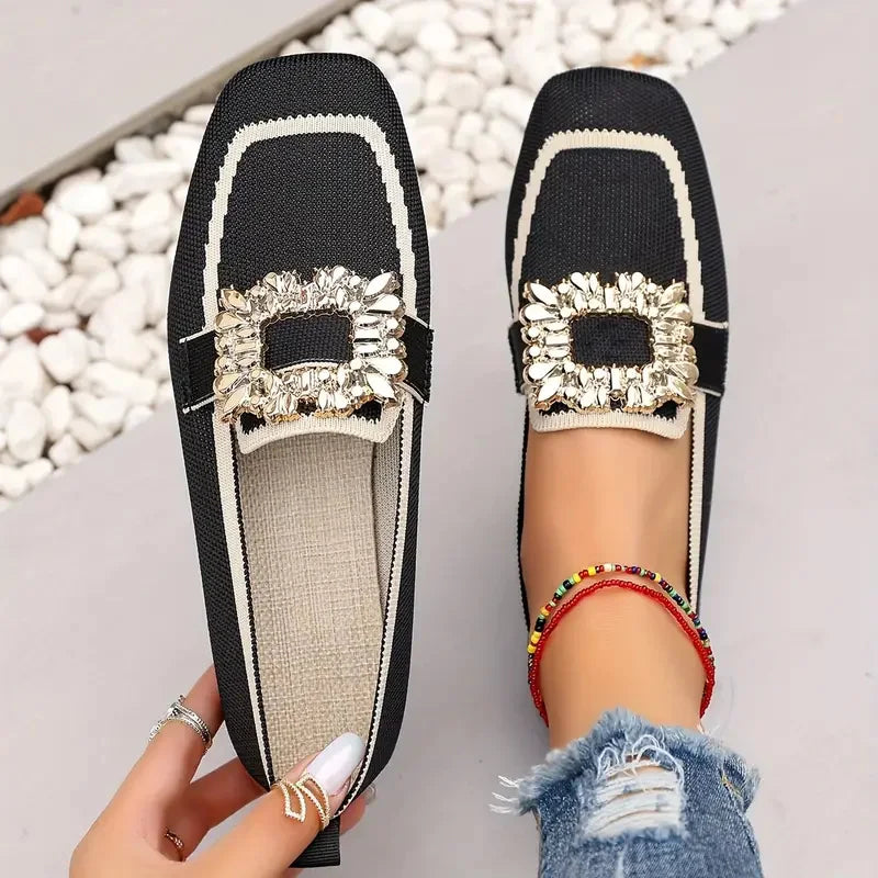 Embellished Loafers | Square Toe Slip-On Flats | Rhinestone Buckle Casual Dress Shoes