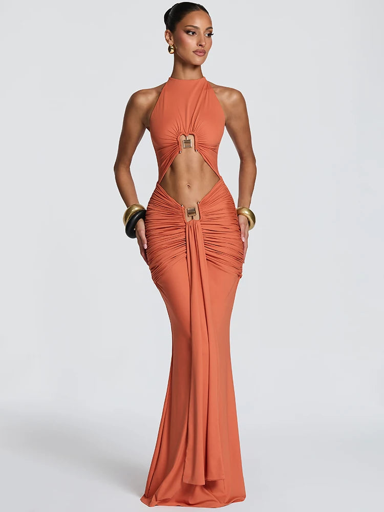 Ruched Cutout Maxi Dress – Sleeveless Halter Neck Dress with Adjustable Gathered Detail, Waist Cutouts and Mermaid Floor-Length Skirt