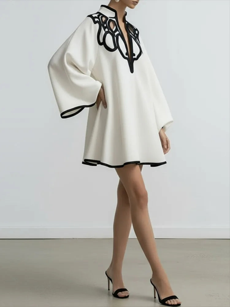 Cape Mini Dress – Long Sleeve A-Line Dress with Statement Collar, Contrast Trim and Flowing Silhouette for Parties & Special Occasions