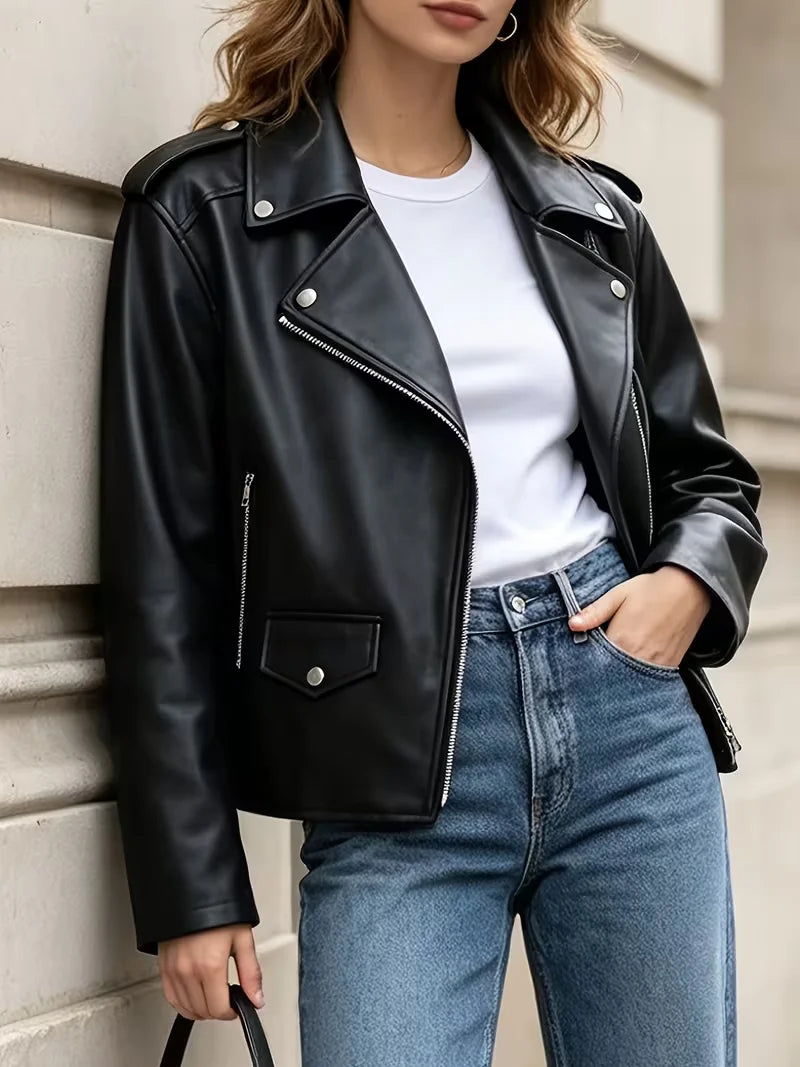 Faux Leather Moto Jacket, Cropped Biker Jacket with Asymmetrical Zip and Silver Hardware, Classic Edgy Streetwear Outerwear