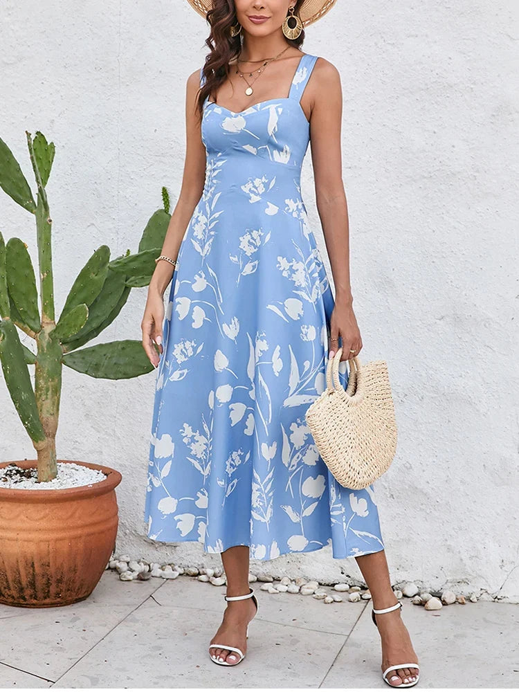 Floral Midi Dress – Spaghetti Strap A-Line Dress with Square Neck, Fitted Bodice and Flared Skirt for Brunch, Vacations & Summer Events