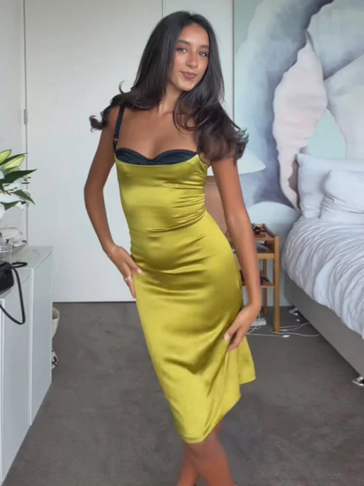 Satin Midi Dress – Spaghetti Strap Bodycon Dress with Contrast Bodice, Ruched Waist and Figure-Hugging Silhouette for Date Nights & Parties