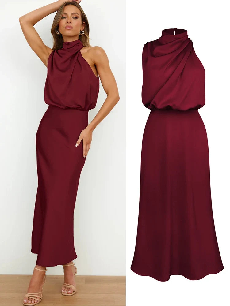 Cowl Neck Maxi Dress – Draped Halter Evening Gown with Open Back and Flowing Floor-Length Silhouette for Weddings & Formal Events