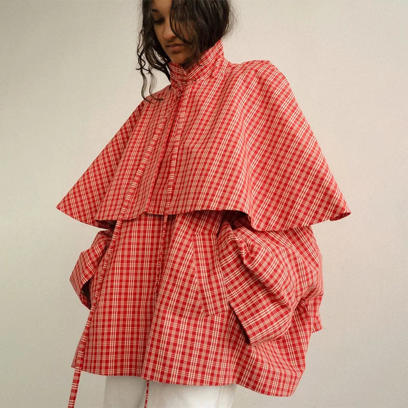 Plaid Cape Jacket, Red Checkered Hooded Jacket with Layered Flounce Yoke and Relaxed Fit, Statement Casual Outerwear
