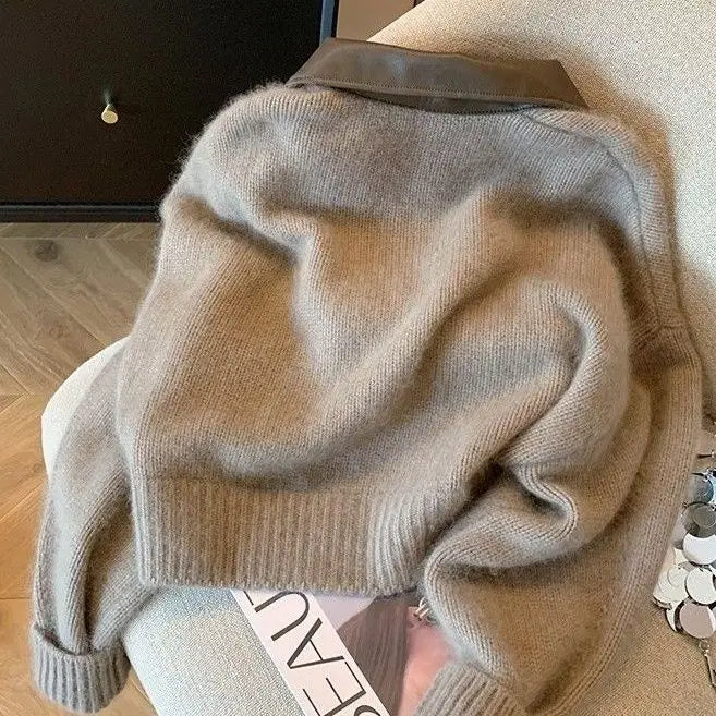 Cropped Knit Jacket, Zip-Up Sweater with Faux Leather Collar and Ribbed Trim, Cozy Casual Cardigan for Fall Winter