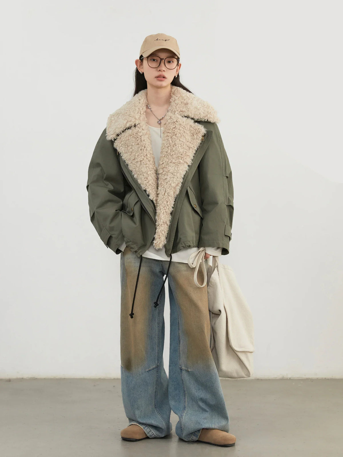 Faux Shearling Collar Jacket, Cropped Utility Aviator Jacket, Relaxed Fit Zip-Up Winter Outerwear