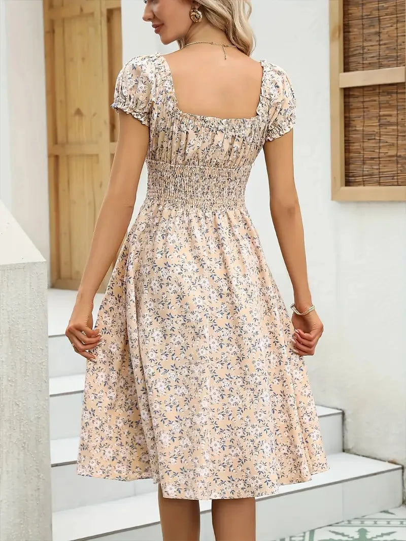 Floral Midi Dress – Puff Sleeve V-Neck Dress with Fitted Bodice, Defined Waist and Flared A-Line Skirt for Weddings & Summer Events
