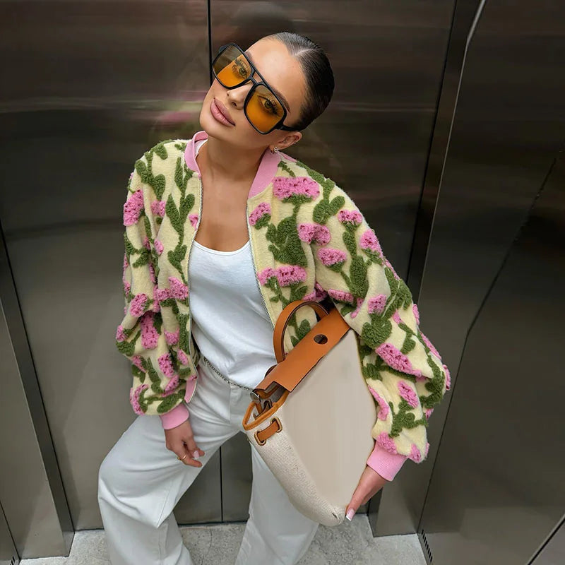 Floral Textured Fleece Jacket, Oversized Plush Zip-Up Jacket with 3D Flower Embroidery, Cozy Statement Winter Outerwear