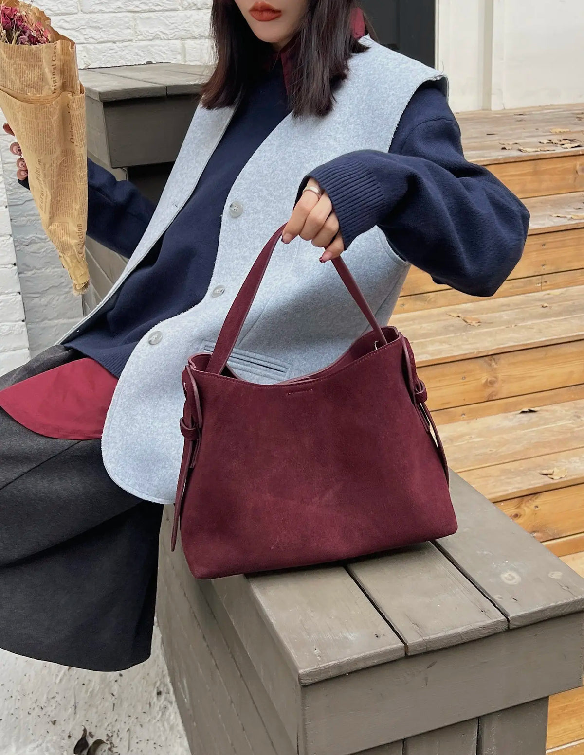 Suede Shoulder Bag, Soft Faux Suede Handbag, Minimalist Hobo Purse with Top Handle & Adjustable Crossbody Strap