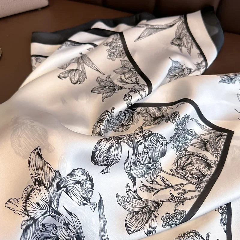 Floral Print Satin-Look Scarf, Elegant Botanical Neck Wrap with Contrast Border, Classic Square Scarf for Women