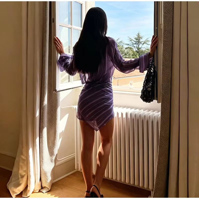Striped Shirt Mini Dress – Sheer Chiffon Button Down Dress with Turn-Down Collar, Long Sleeves, Waist Tie and Detachable Scarf