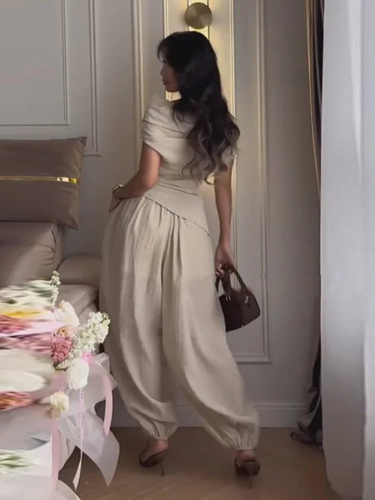 Off Shoulder Draped Top & Wide Leg Pants Co-Ord Set | Elegant Two Piece Flowing Outfit | Chic Vacation, Brunch & Occasion Wear