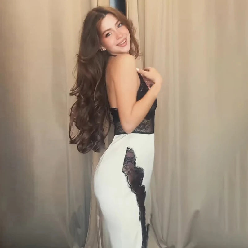 Lace Halter Maxi Dress – Satin Evening Gown with Sheer Lace Bodice, High Neckline, Contrast Lace Trim and Thigh High Slit