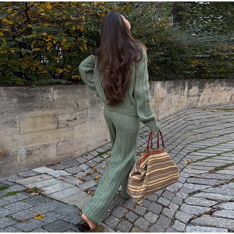 Cable Knit Sweater &amp; Wide Leg Pants Co-Ord Set | Oversized Two Piece Knit Outfit | Cozy Fall &amp; Winter Lounge Matching Set
