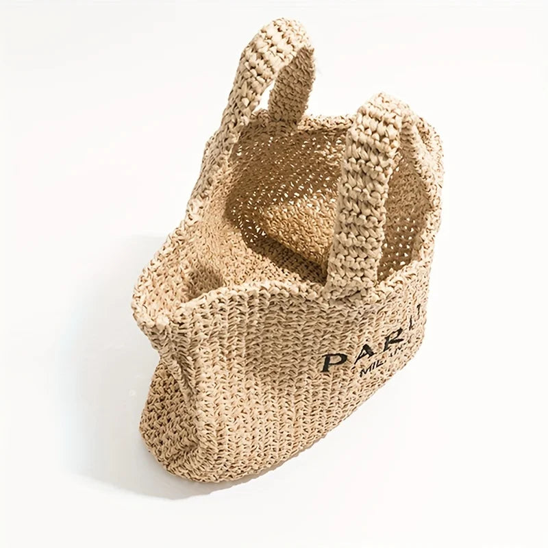 Woven Straw Tote Bag, Paris-Inspired Printed Handbag with Braided Handles, Spacious Summer Shoulder Purse for Beach, Travel & Everyday Use