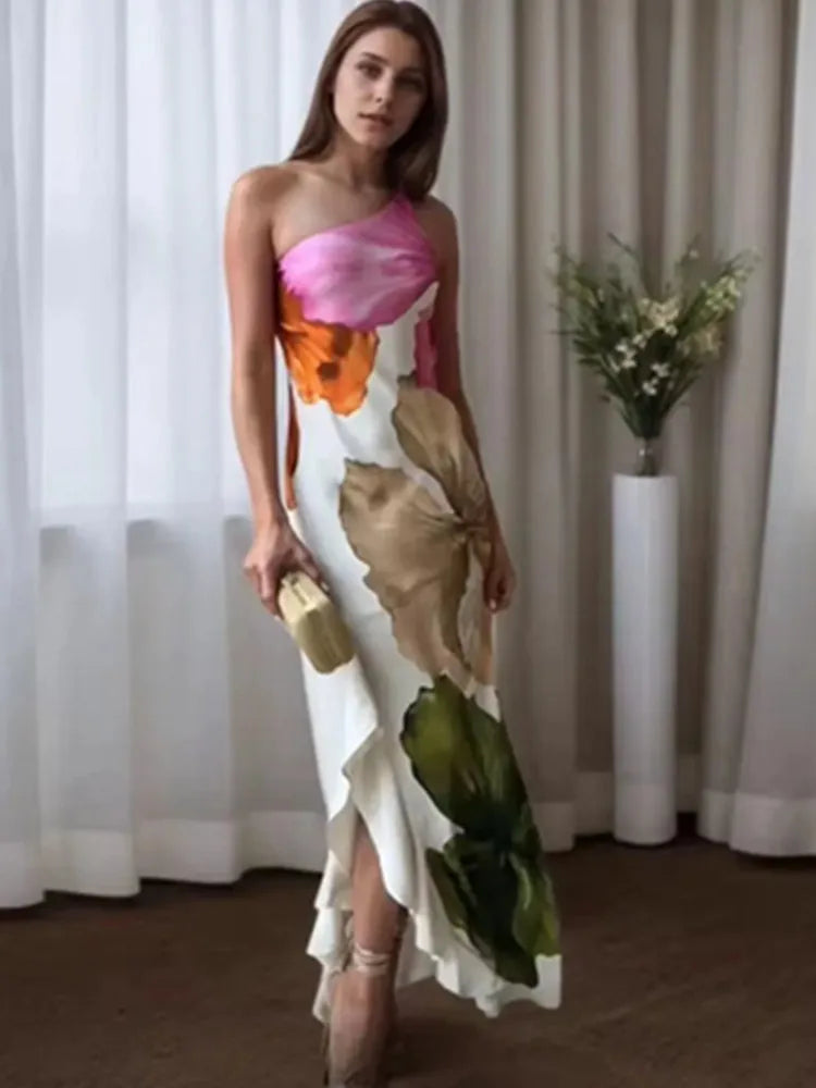 Floral Asymmetrical Maxi Dress – Draped Off Shoulder Dress with Fitted Bodice, High-Low Hem and Botanical Print for Vacations & Events