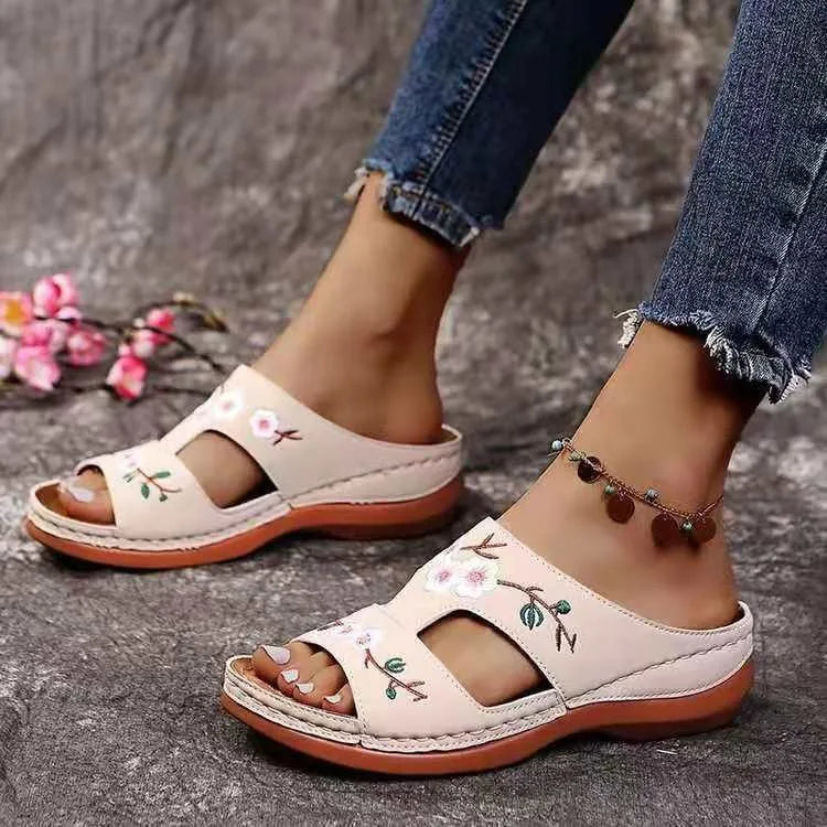 Floral orthopaedic Wedge Sandals | Embroidered Platform Mules | Comfortable Open Toe Summer Shoes