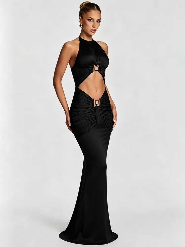Ruched Cutout Maxi Dress – Sleeveless Halter Neck Dress with Adjustable Gathered Detail, Waist Cutouts and Mermaid Floor-Length Skirt