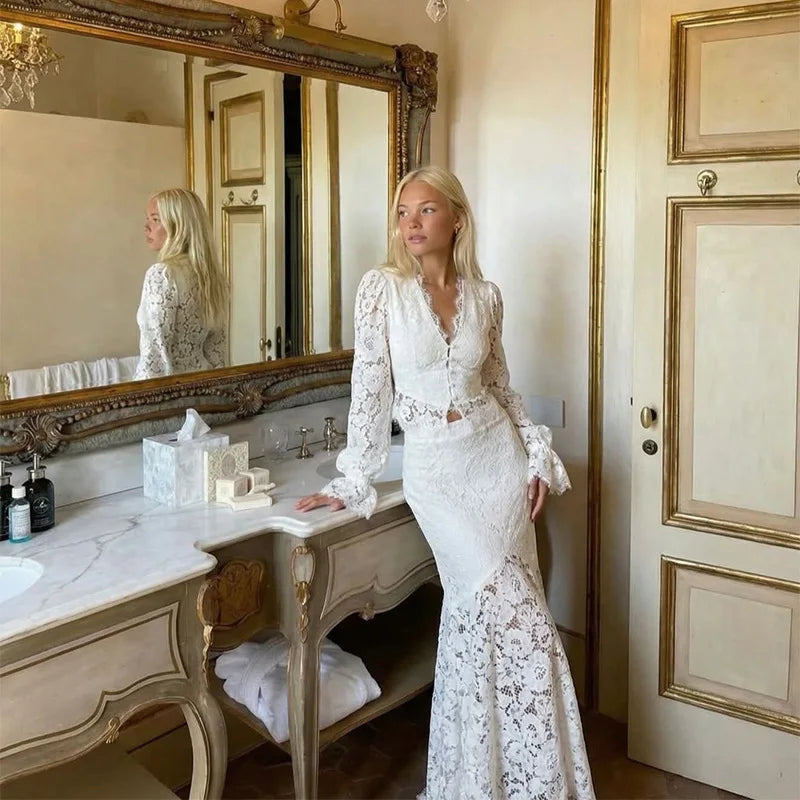 Lace Crop Blouse & High Waist Maxi Skirt Co-Ord Set | Long Sleeve Two Piece Outfit with Flared Lace Details | Elegant Occasion Wear