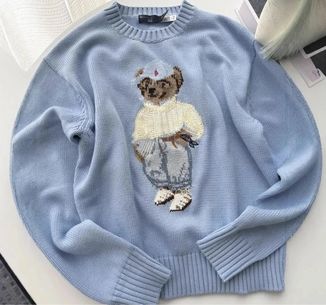 Bear Embroidered Knit Sweater, Cute Crewneck Pullover with Character Motif and Ribbed Trim, Cozy Casual Winter Knitwear