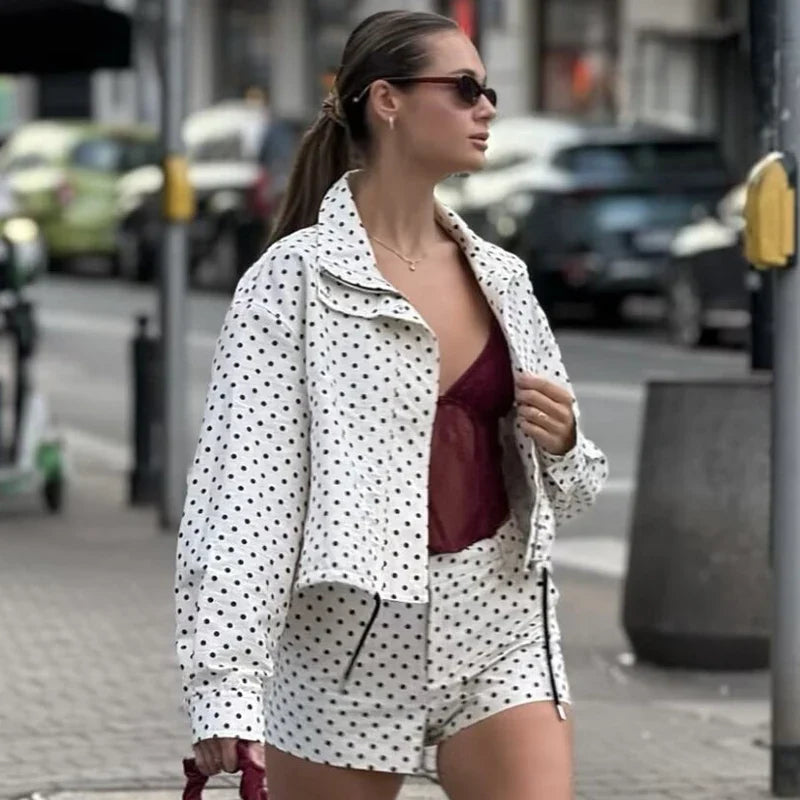 Women's Polka Dot Cropped Jacket, Oversized Stand Collar Button-Up Jacket, Chic Casual Lightweight Outerwear