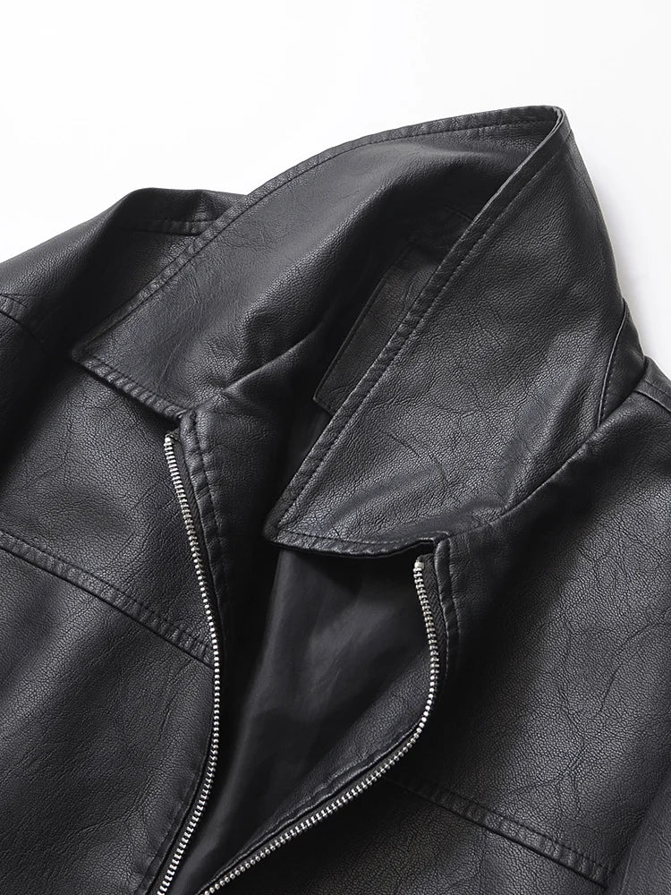 Faux Leather Bomber Jacket, Oversized Zip-Up Jacket with Wide Collar and Elasticated Hem, Minimalist Casual Streetwear Outerwear