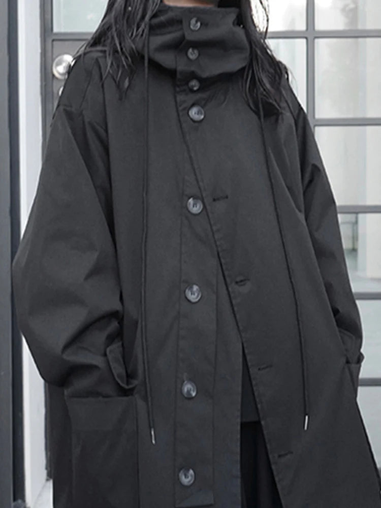 Oversized Long Trench Coat, Double-Breasted Hooded Coat with Wide Lapels and Relaxed Fit, Minimalist Urban Winter Outerwear