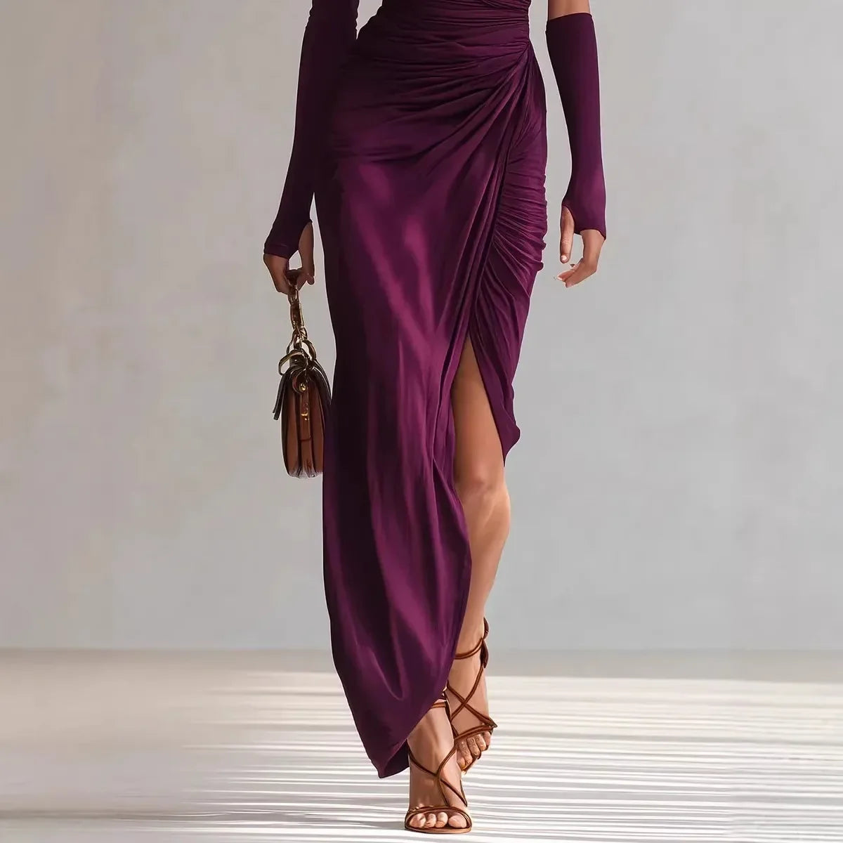 One Shoulder Ruched Maxi Dress – Asymmetrical Long Sleeve Evening Gown with Draped Bodice, High Side Slit and Figure-Hugging Silhouette