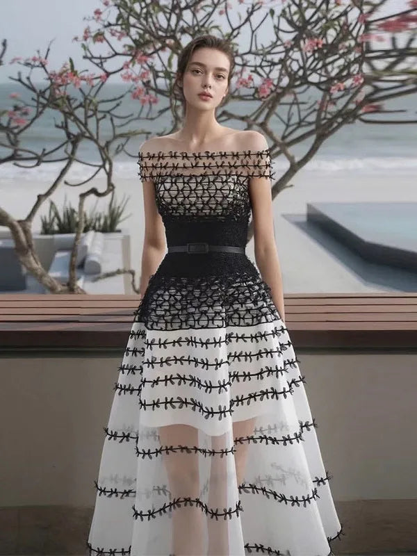 Textured A-Line Midi Dress – Strapless Embellished Bodice Dress with Full Flared Skirt and Patterned Detail for Weddings & Special Events