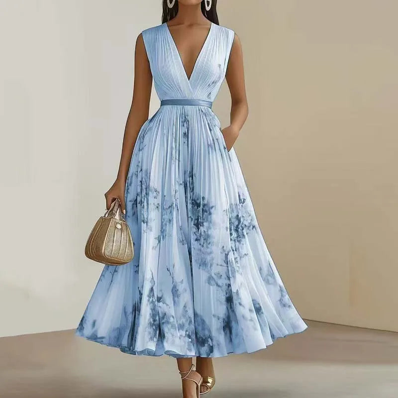 Floral Wrap Midi Dress – V-Neck Sleeveless A-Line Dress with Tie Waist and Flowing Pleated Skirt for Weddings, Brunch & Special Occasions