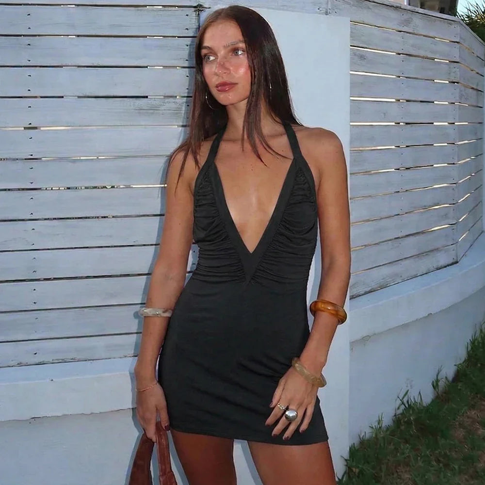 Ruched Mini Dress – Deep V-Neck Sleeveless Dress with Gathered Bodice, Adjustable Straps and Figure-Flattering Fit for Vacations & Date Nights